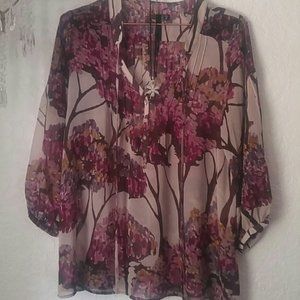 Bellatrix Mauve Pink Plum Tree Poly Semi Transparent Pleated front & Back Top  S